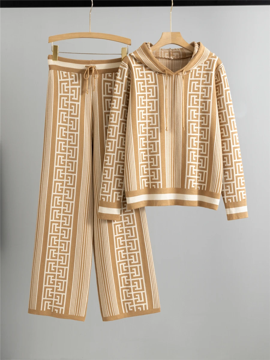 

Faionable Korean Sle Women's Knitted Long Sve Hoodie Set High Waist Slim Straight Leg Pants Two Piece Ensemble