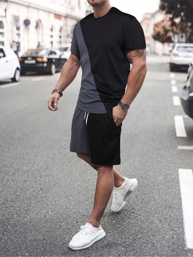 

2026 Summer New Two Piece Suit Men's Casual Pattern Printed Short Sleeve T-shirt and Sports Shorts Set Sports Set Fitness Lightw