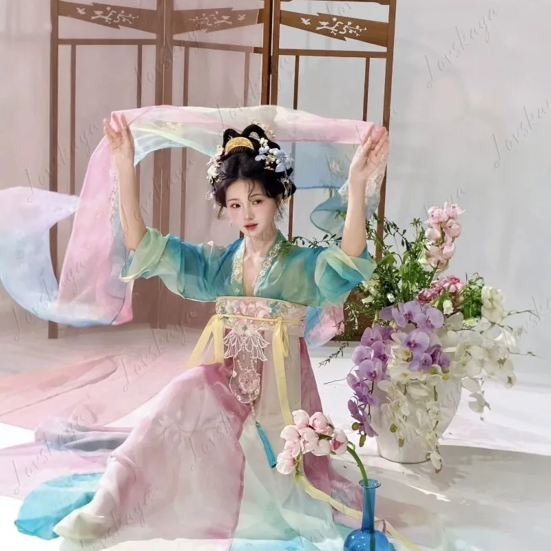Spring Summer Authentic Tang Hanfu Women Classic Restored Design Duijin Blouse Floral Embroidery Chest-high Skirt Traditional