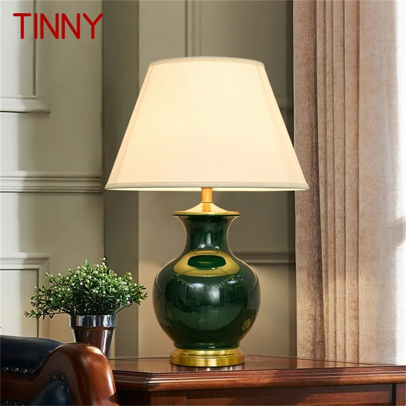 

TINNY Ceramic Table Lamps Green Luxury Brass Desk Light Fabric for Home Living Room Dining Room Bedroom Office