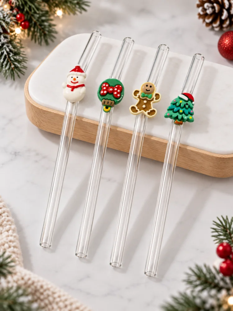 4PCS Reusable Bent Clear Glass Straw, Christmas Snowman Gingerbread Tree Decor, for Hot Cold Drinks, Holiday Party Gift