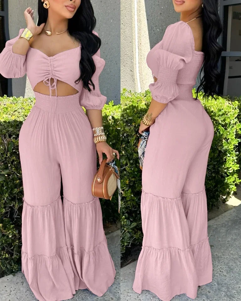 Jumpsuits Women's High Waist Solid One Piece Pants Summer Female Fashion Square Neck Long Sleeve Drawstring Shirred Jumpsuit