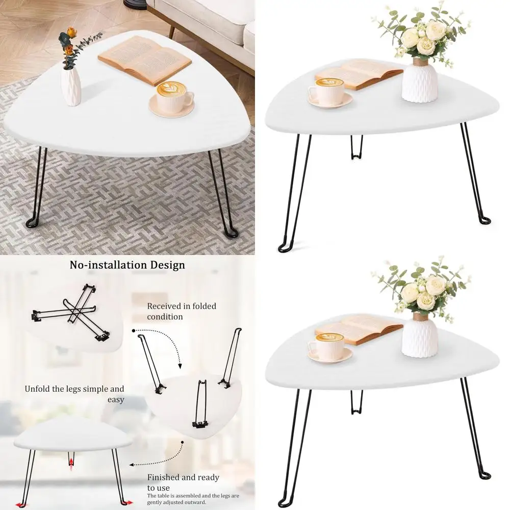 

Modern White Wooden Droplet Coffee Table with Steel Legs for Small Spaces, Suitable for Living Room and Home Office