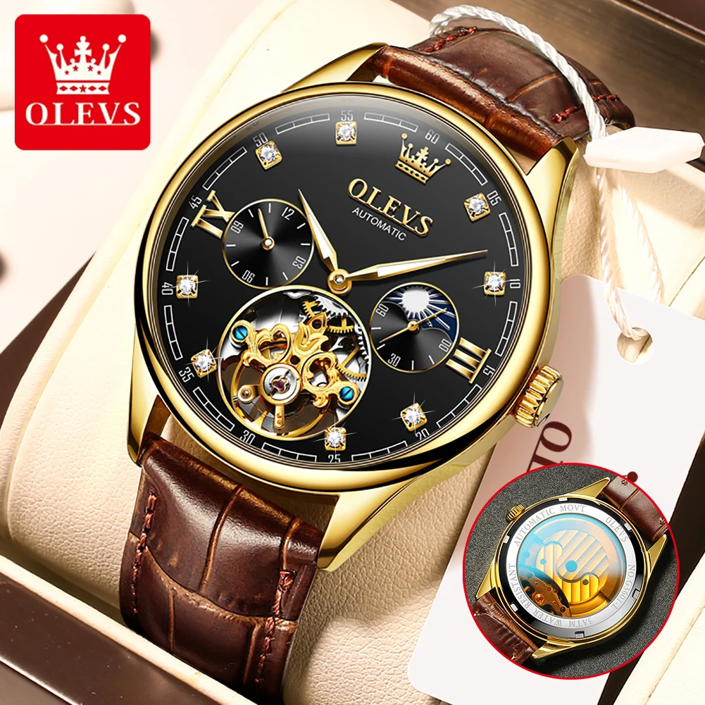 

OLEVS Business Men Mechanical Watches Leather Strap Luxury Brand Lunar Phase Luminous Hands Water Resistance Automatic Watch Man