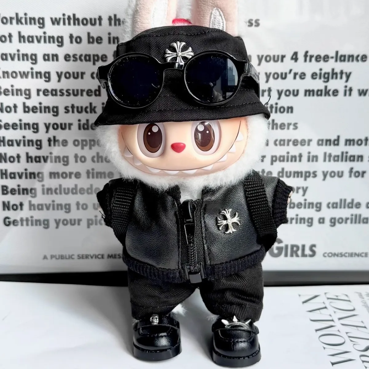 

For 15/17cm Labubu Doll Clothes Black luxury Trendy Leather outfit set Mini Dolls Clothing backpack shoes sunglasses Accessories