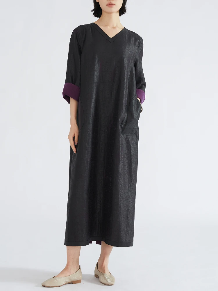 Double Sided 100% Natural Mulberry Silk Gambiered Guangdong Gauze Turtle Cracked Chinese Style V-neck Long Sleeved Dress