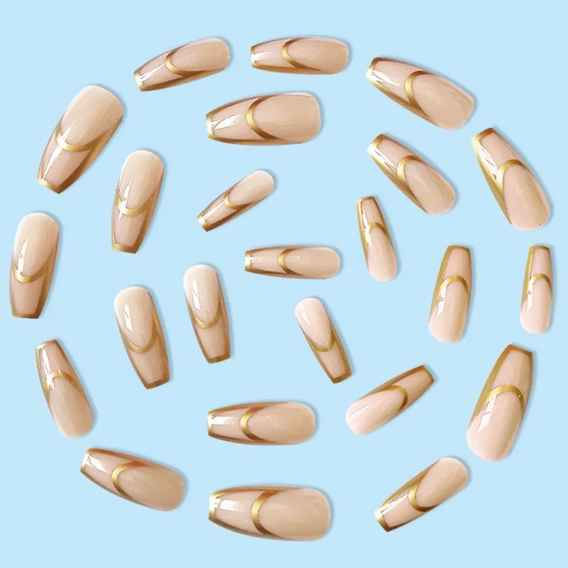 24pcs Simple Nude Gold Lines Long French Tip unghie finte a buon mercato Fake Press on acylic Nails Set Girls Stick-on Nails da attaccare