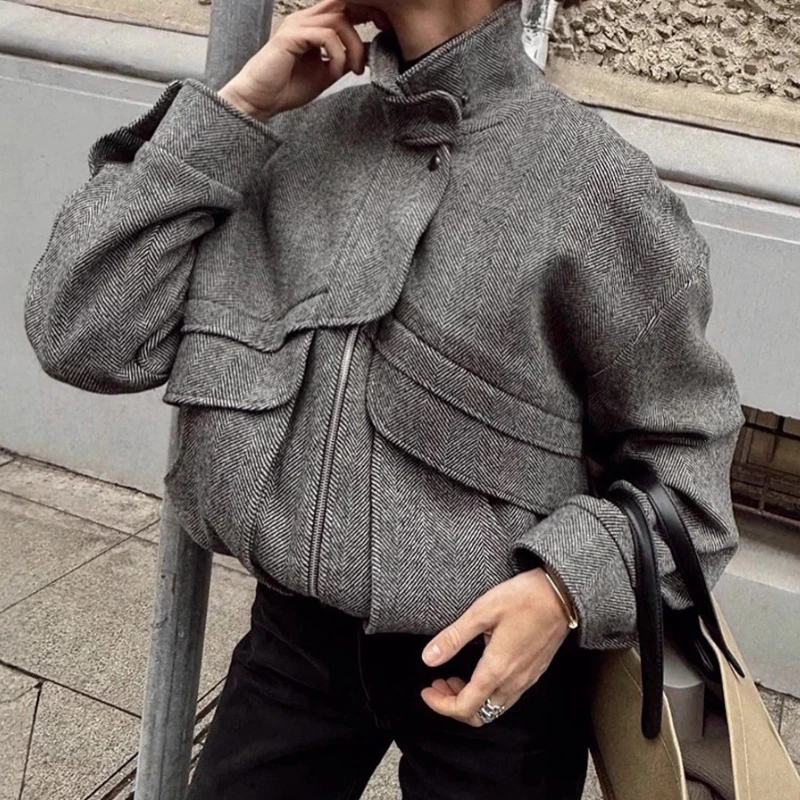 

Herringbone Stand-up Collar Jacket Fall/Winter 2025 New Zippered Top with Pockets Loose Woolen Jacket