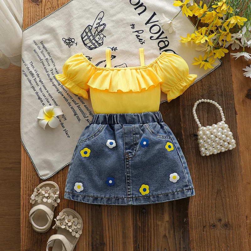 

2026Baby Girl's Country Style Off-Shoulder Ruffle Strap Top+Embroidered denim short skirt set