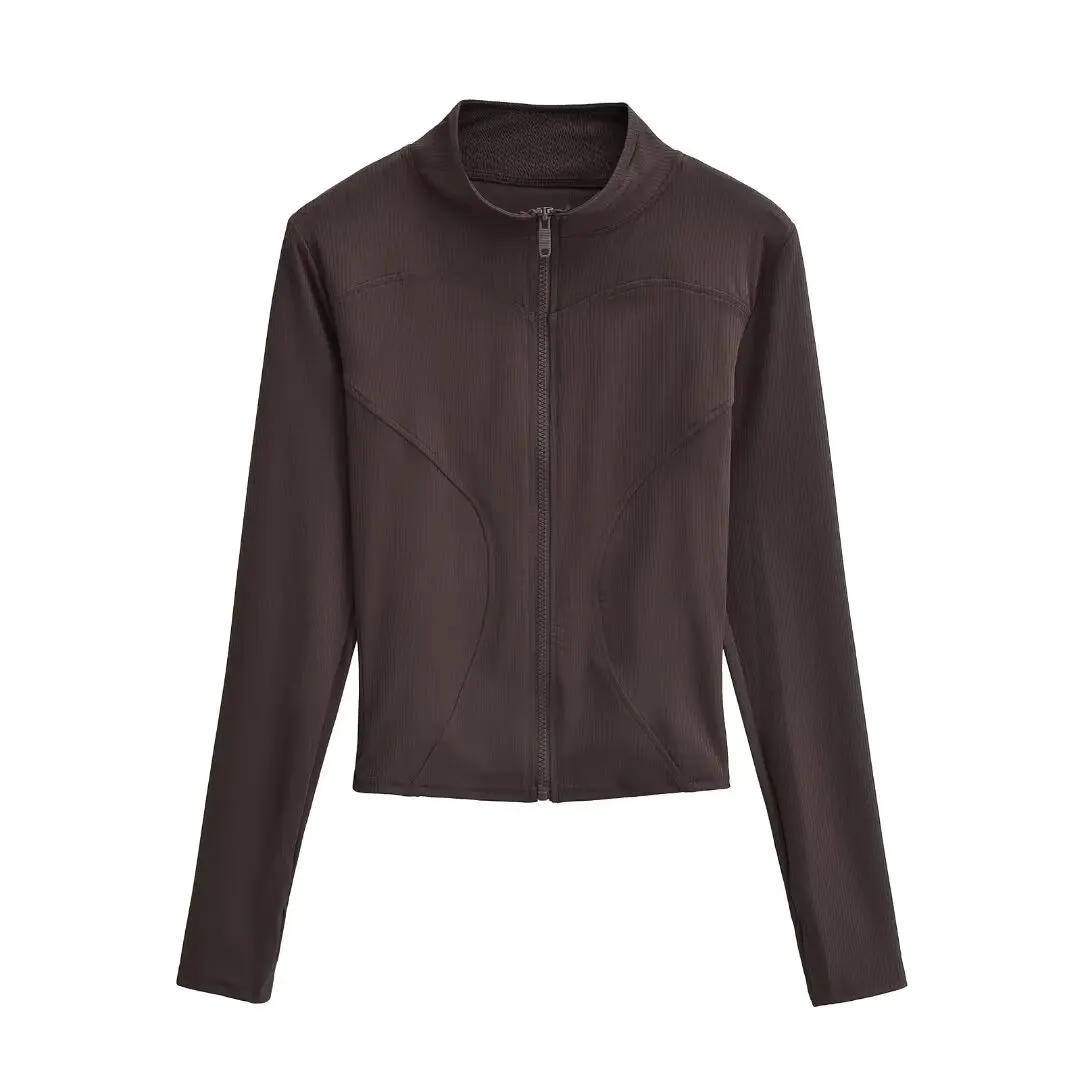 American Retro High Elastic Long Sve Stand Collar Yoga Sportswear Cardigan Women's Spring Autumn Slimming Zipper Running Top