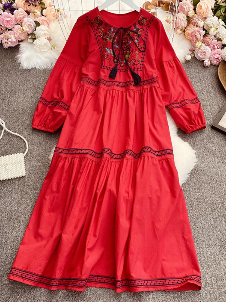 ผู้หญิงวินเทจ Boho ชุดชาติพันธุ์เย็บปักถักร้อย O-คอ Fringe LACE-up พัฟแขนขนาดกลางถึงยาวแฟชั่นหญิงชุด