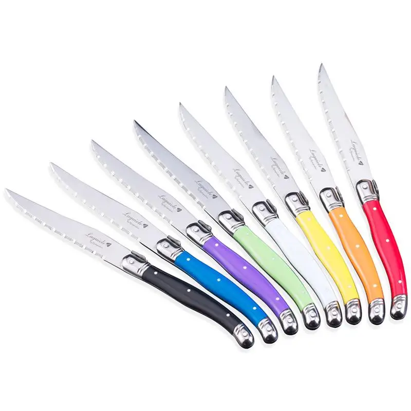 

8pcs Stainless Steel Laguiole Steak Knives Set Rainbow Handle Dinner Knives Black Tableware Dinner Knife Cutlery White Flatware