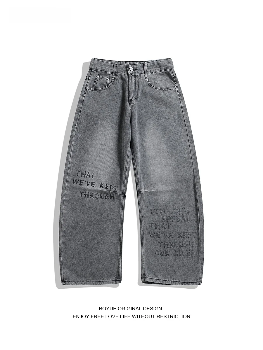 

Мужские и женские джинсовые брюки Boyue American Sle в винтажном стиле с буквенным принтом, свободные, ретро, уличная мода, повседневные, длинные штаны