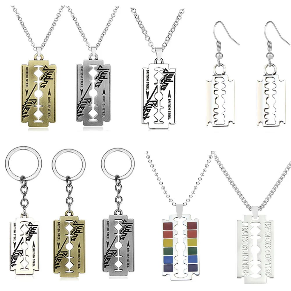 Retro Razor Blade Shape Pendant Necklace Punk Hip Hop Music Band Judas Priest Necklace For Men Women Gift Jewelry
