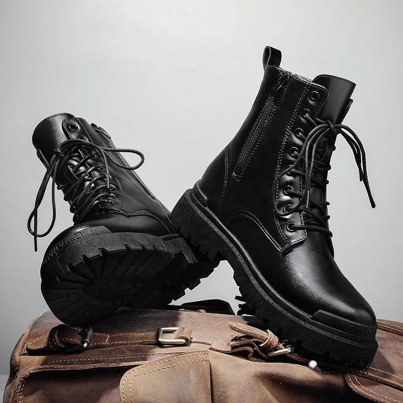 

Men's Boots Thick Bottom Heightening Motorcycle Work Boots Black Mid-Calf British Style Spring Summer Leather Boots Tr...