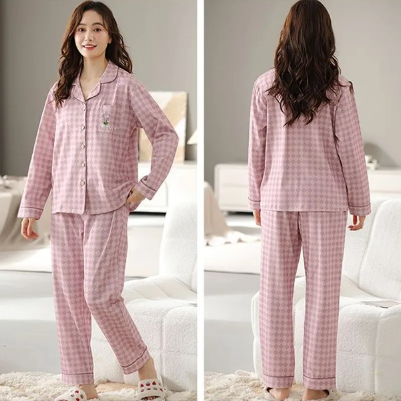 2023 New Pajama Women Spring Autumn Loungewear Long Sleeve Cotton Sleepwear Lattice Simplicity Nightwear Plus Size Homewear Suit