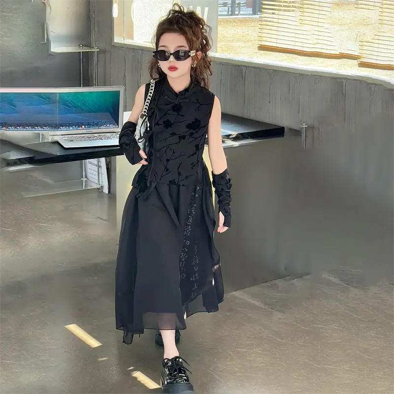 

2024 Summer New Girl Cool Sa Vintage New Chinese Sleeveless Top Mesh Irregular Half Skirt Girl Personality Two Piece Set