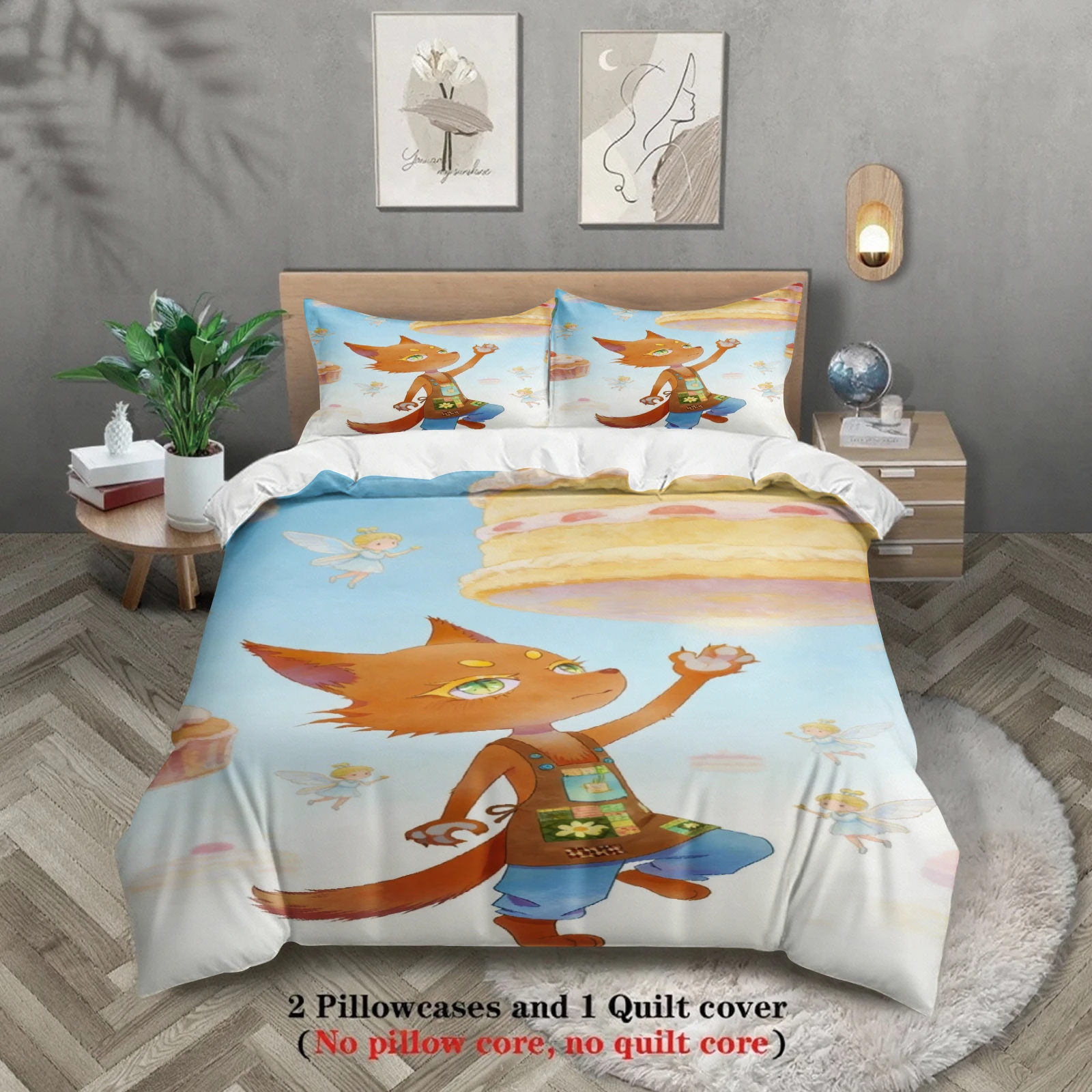 Kawaii Bedding Set Softville Cozy Town Cute Fern the Quilt Fox With Duvet Cover & Pillowcase For Children's Bedroom Decor