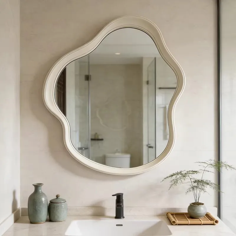 Nordic Art Retro Irregular Wooden Frame Wall-Mounted High-Definition Mirror Luxury-Style Hotel Bathroom Dressing Mirror60x60cm