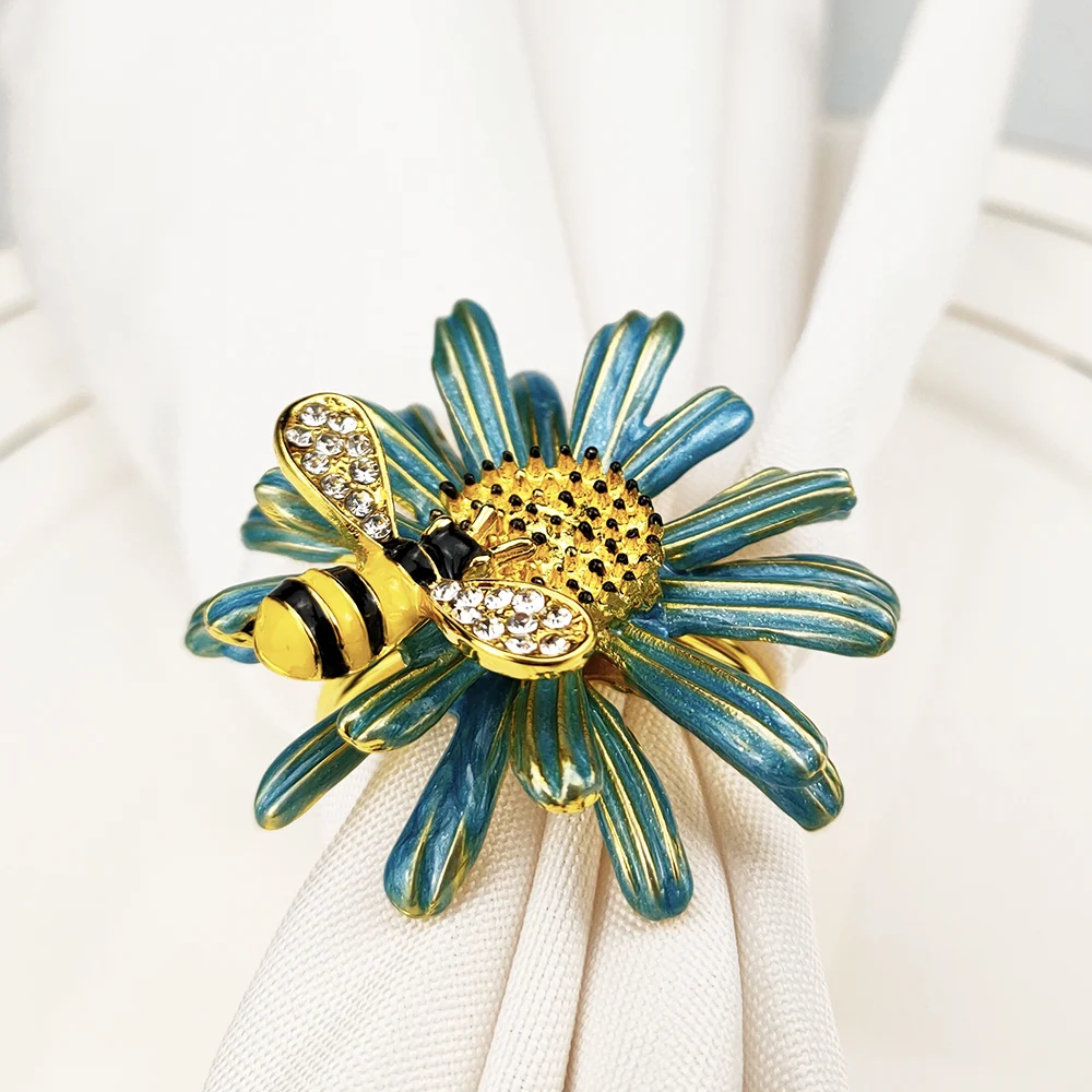 6 Pcs /Lot Bee Flower Napkins Rings Gold Green Blue Napkin Rings Holders For Dinner Table Decoration Kitchen Accessories