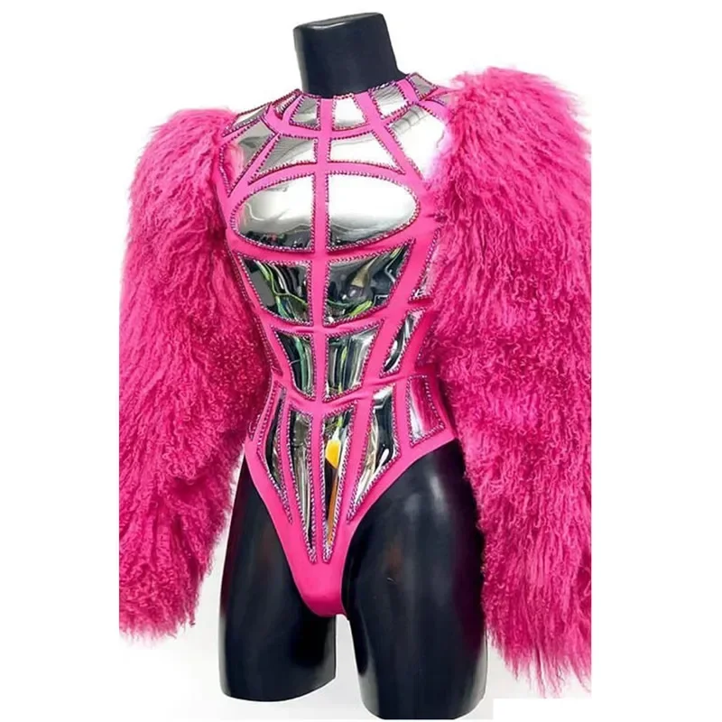 

Nightclub Gogo Dance Costume Women DJ Singer Dancer Performance Stage Wear Drag Queen Rave Outfits Fur Sleeve Laser Bodysuit