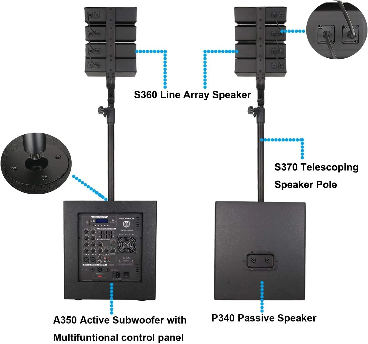 Powered PA Speaker System Combo Set with Bluetooth Drive Read Function