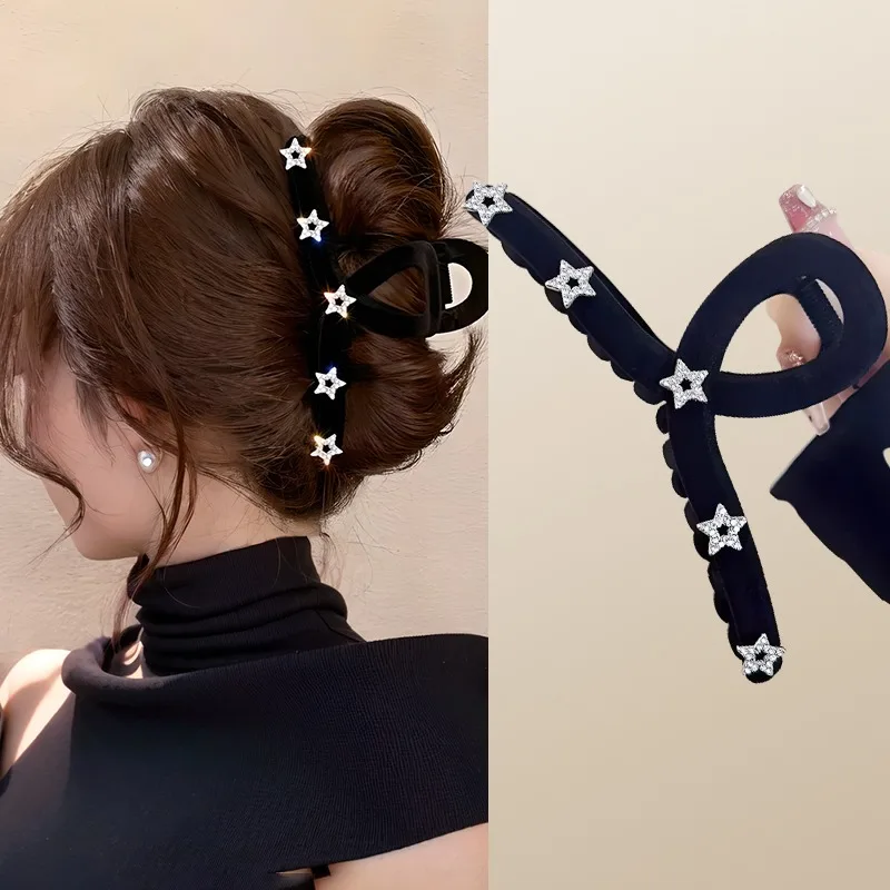 New Sparkling Rhinestone Star Black Grab Clip Temperament Female Pan Hair Shark Clip Hair Headwear for Women Hair Accessories