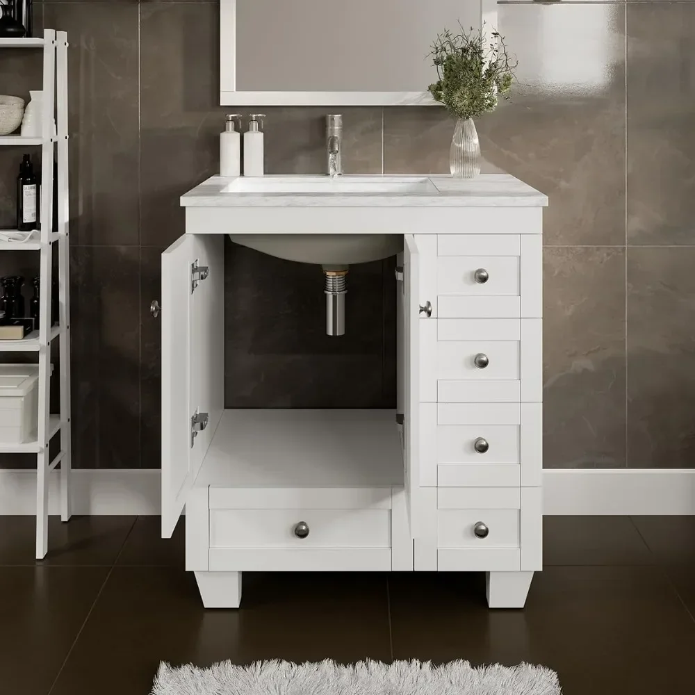 Happy Bathroom Vanity - Muebles de baño blancos de 30 pulgadas con encimera de cuarzo Carrara - Muebles de baño y porcelana bajo montaje