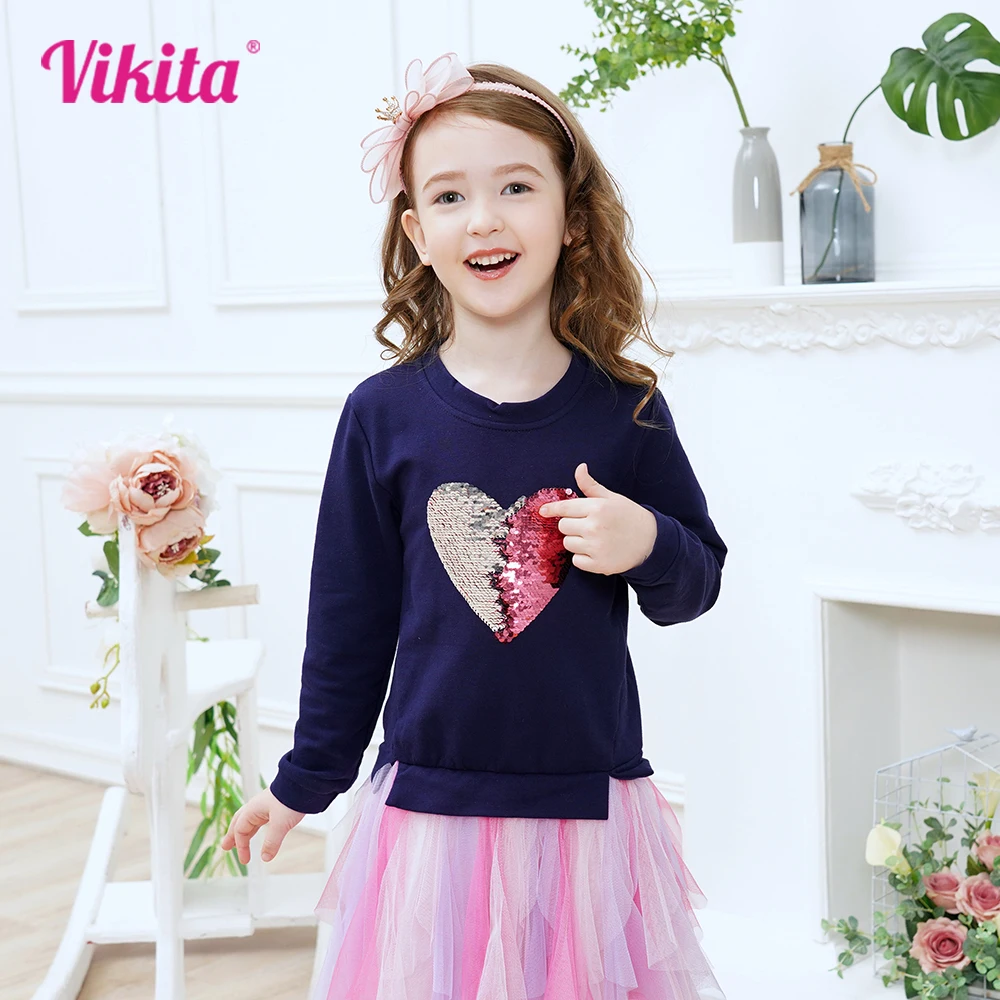 VIKITA Girls Sweater Dress Kids Heart Shape Flipable Sequined Appliqued Patchwork Dress Girls Tulle Mesh Layered Tutu Dresses