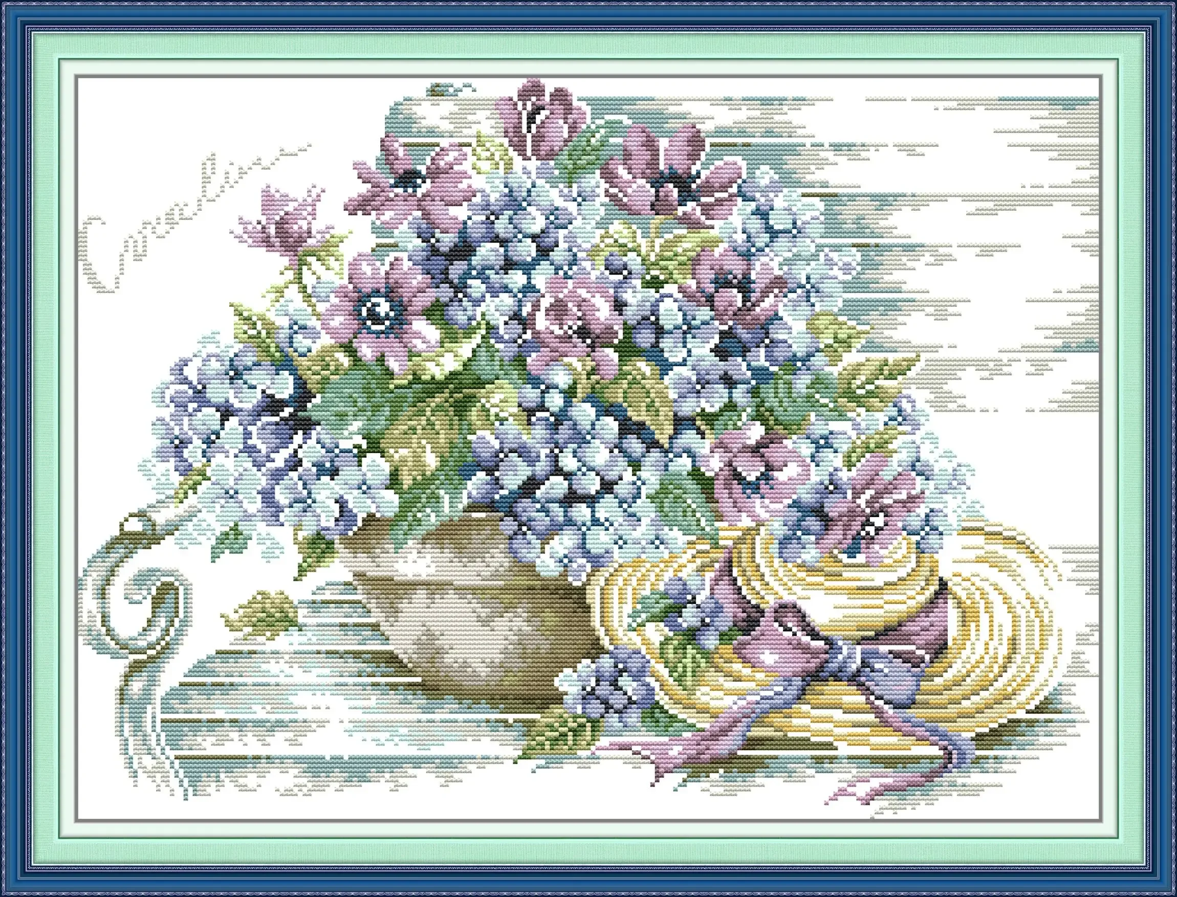 

Joy Sunday New Printed Cross Stitch Kit Easy Pattern Aida Stamped Fabric Embroidery Set- Blue Hydrangea with Hat