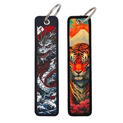 Dragon and Tiger Embroidery Key Fob Key Tag For Motorcycles Cars Backpack Keychain Keyring Gifts for Men Women Accessories