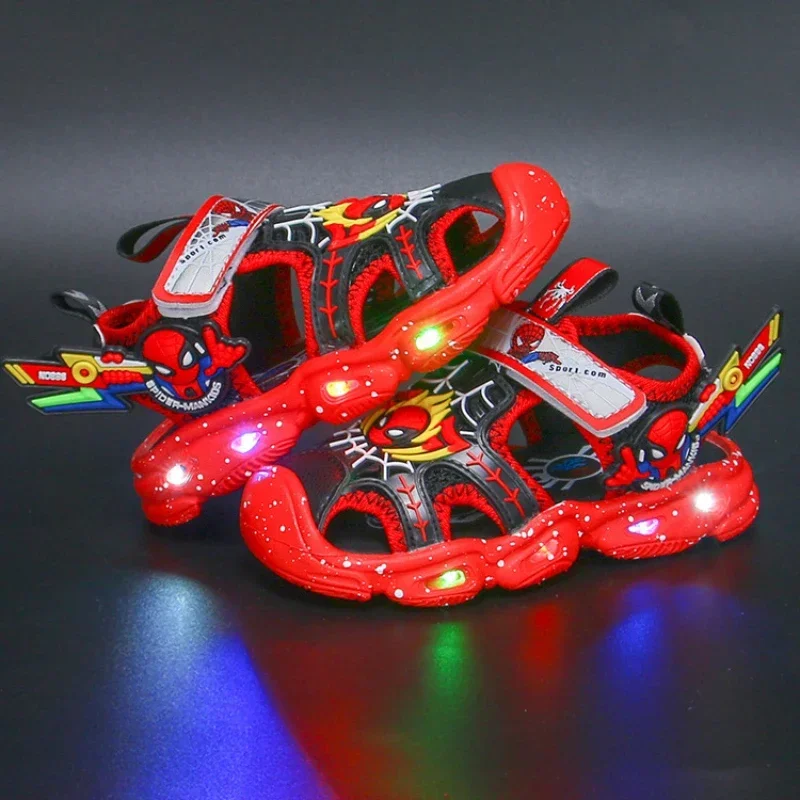 Disney LED Sport Sandals Summer Cartoon Spiderman Sandals for Boys Casual Beach Shoe Soft Sole Kids Shoes