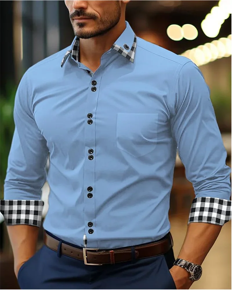 Men\'s long sleeved button up shirt plaid color blocking lapel patchwork clothing casual fashion men\'s summer new shirt S-6XL