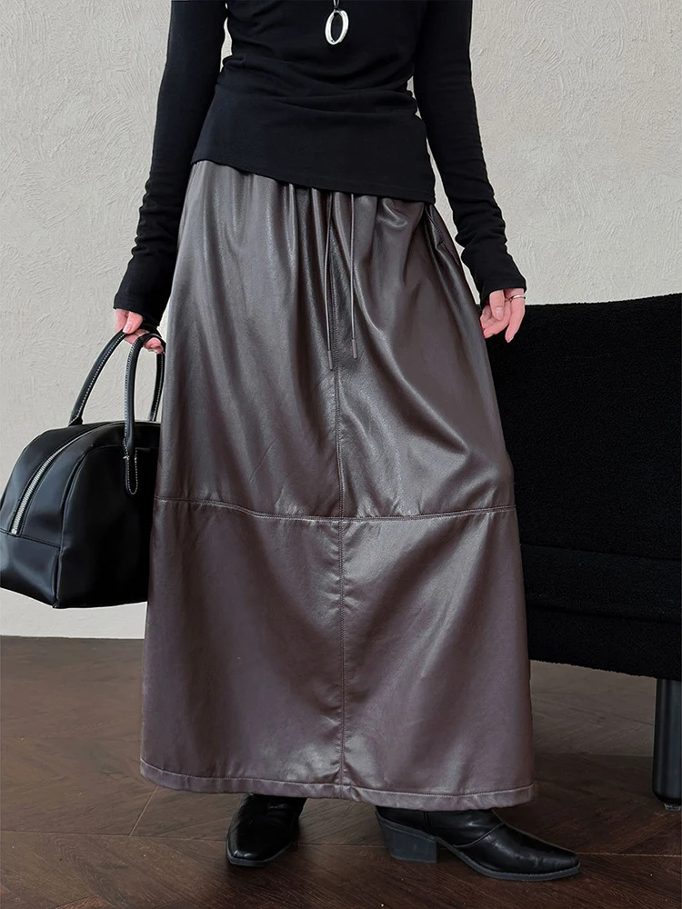 Fanan 2025 outono novas saias de couro para mulheres elásticas cintura alta a linha de comprimento médio saia vintage moda roupas femininas