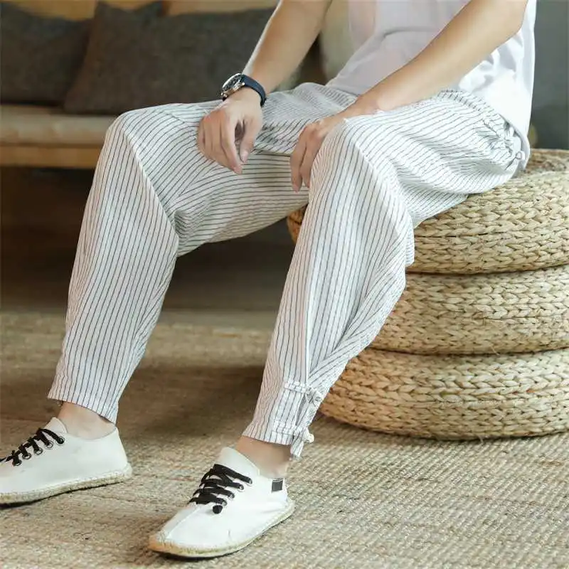 Men Clothing 2022 New Arrival Men\'s Elastic Waist Cotton Linen Trousers Men Stripe Harem Pant Ankle Length Pants