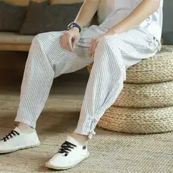 Men Clothing 2022 New Arrival Men's Elastic Waist Cotton Linen Trousers Men Stripe Harem Pant Ankle Length Pants