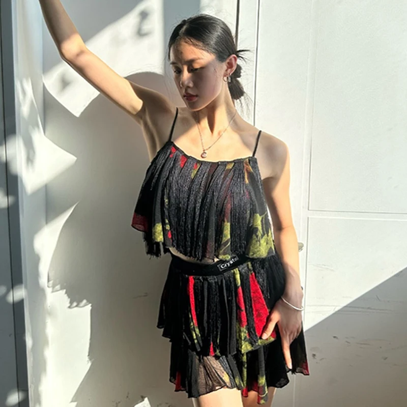 Vestido de baile latino sin mangas para mujer, Tops con borlas, falda esponjosa, traje de competición de baile Tango Cha, ropa perforadora de escenario