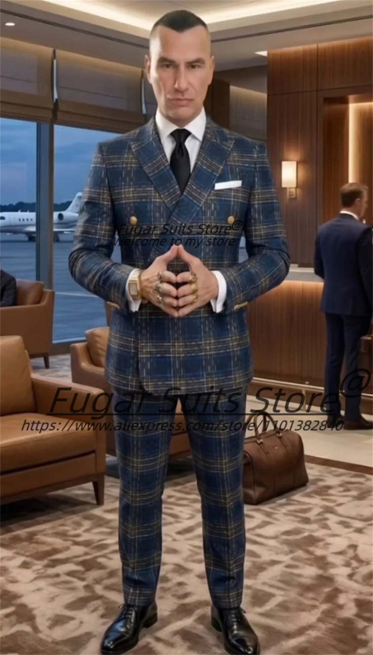 

Handsome Double Breasted Prom Men Suits Customized Slim Fit Plaid Peak Lapel Groom Wedding Tuxedos 2 Pieces Sets Costume Homme