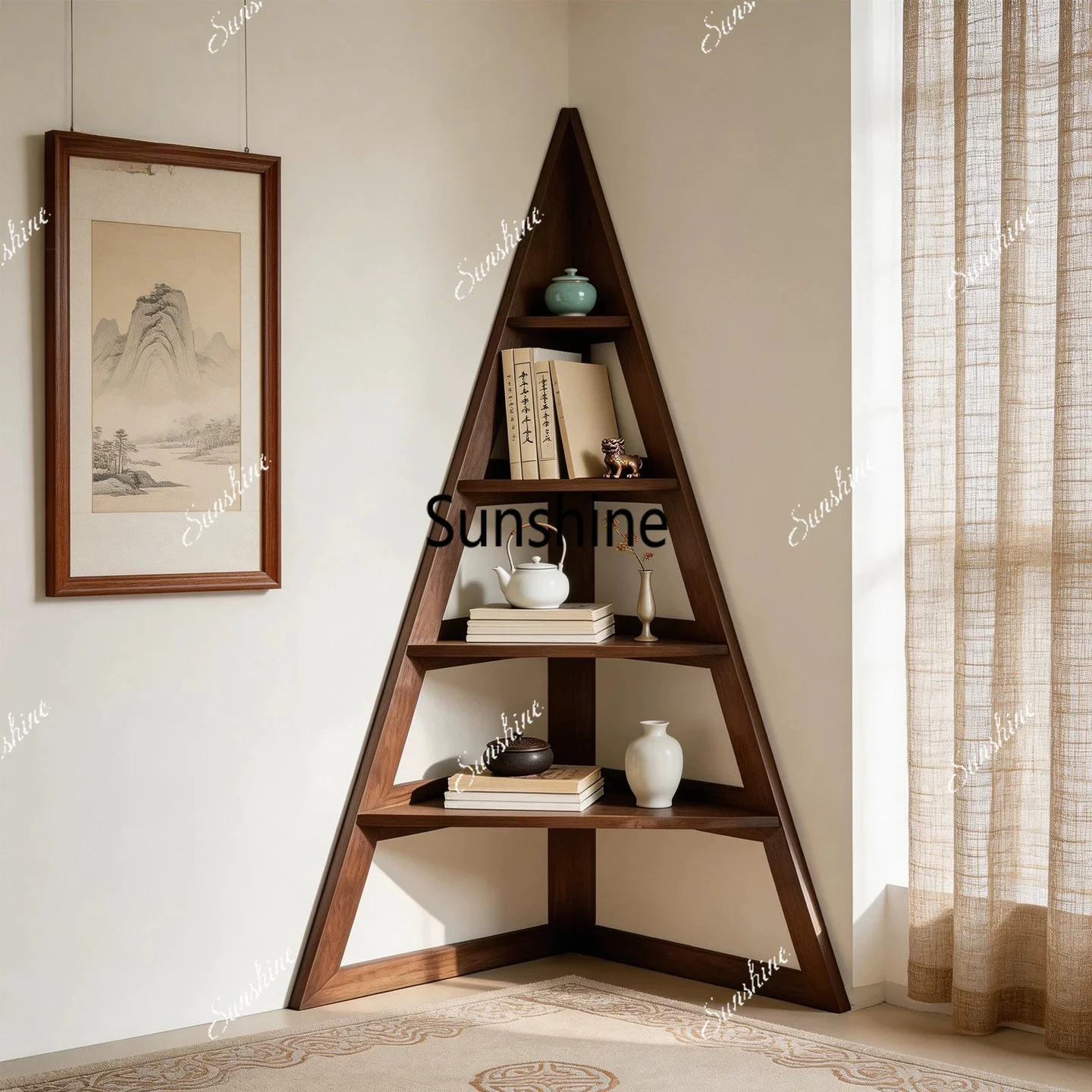 

New Chinese-style solid wood simple bookshelf living room against the wall floor corner shelf