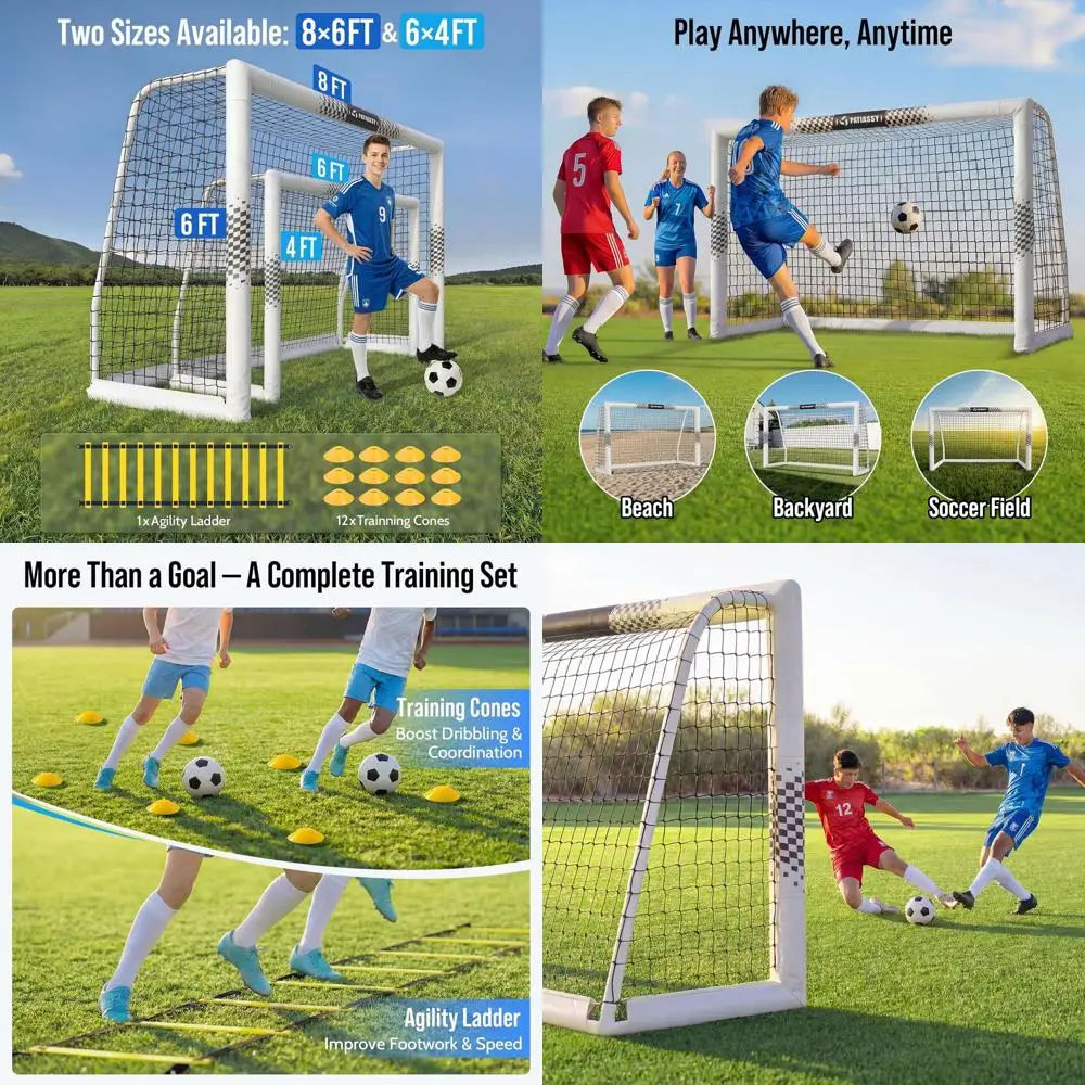 

Heavy-Duty 8x6/6x4 Soccer Net with Padded Metal Posts, Durable Goal Set for Training with Agility Ladder and 12 Cones, Suitable