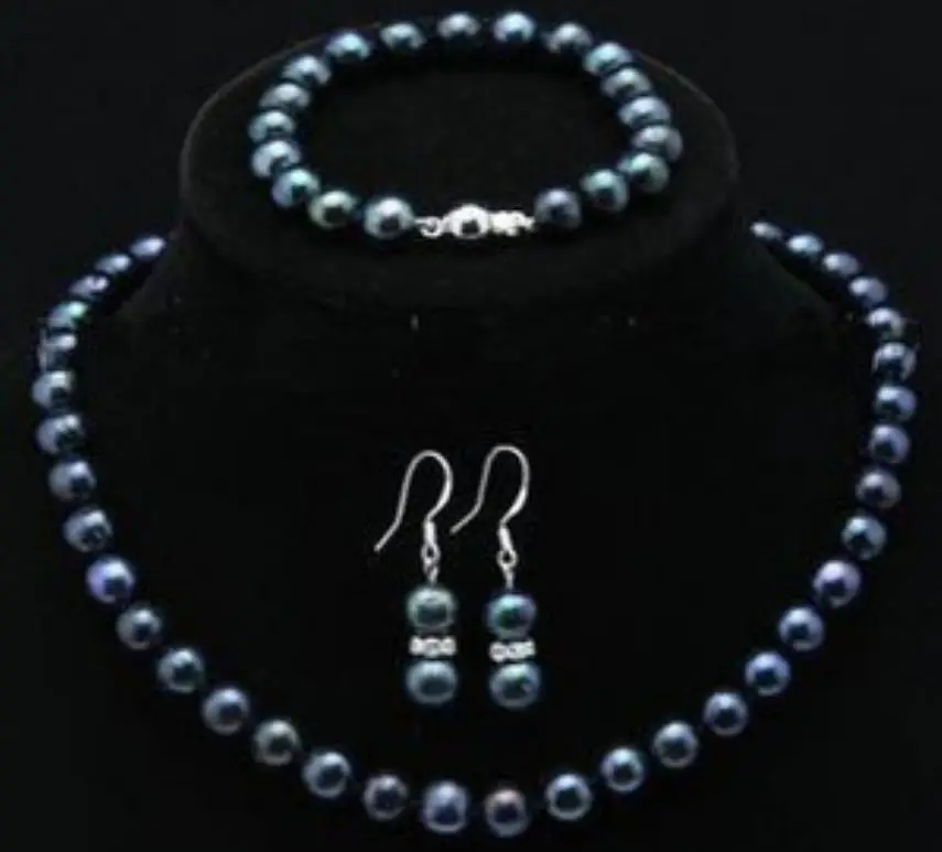 8-9mm black Akoya Pearl Necklace Bracelet Earring 1 Sets 18