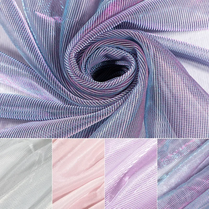 Striped Laser Shiny Organza Fabric By The Meter for Decoration Clothes Dresses Sewing Soft Mesh Glitter Cloth Bright Thin Blue
