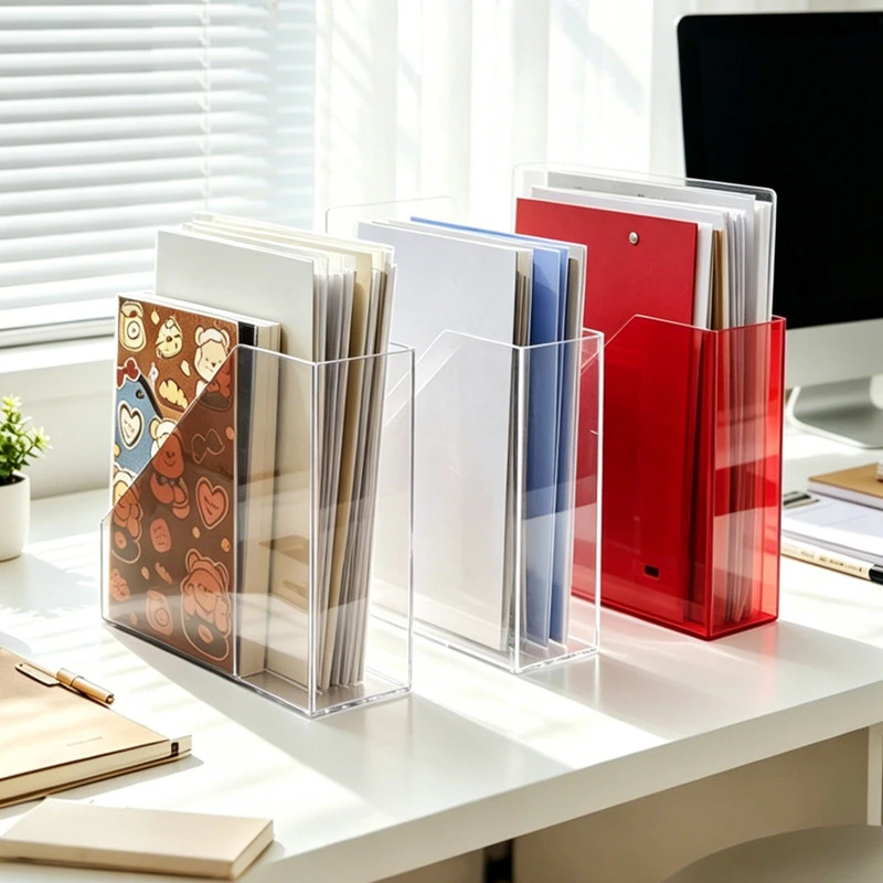 Acrylic Bookshelf Desk Bookend Storage Box, Student Organizer Holder, Modern Minimalist File A4 Document Rack for Office