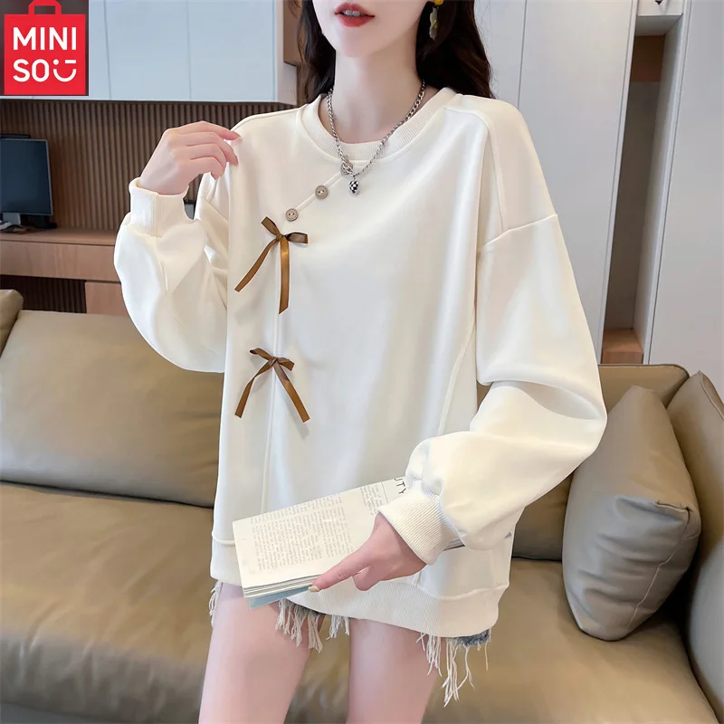 سترة نسائية بغطاء للرأس جديدة من MINISO فضفاضة ومتعددة الاستخدامات للربيع والخريف ورقبة دائرية رفيعة وأكمام طويلة #3