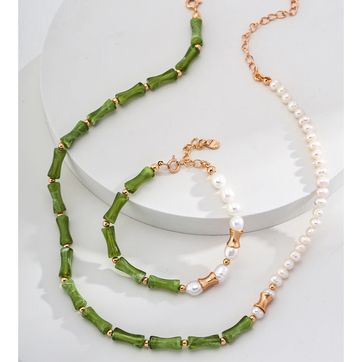 天然竹真珠ネックレス,金メッキシルバーS925,レジンストーン,長さ38cmプラス6cm, 5mm, 102112,新品