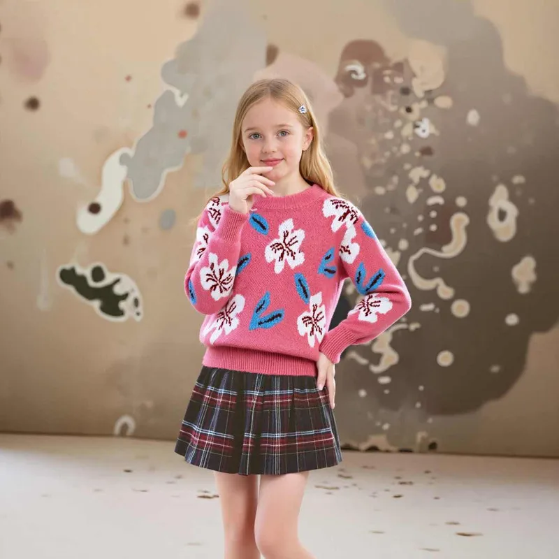 Girls' Vintage Jacquard Pullover Sweater, New Autumn-Winter Versatile Sweater for Children and Older Kids