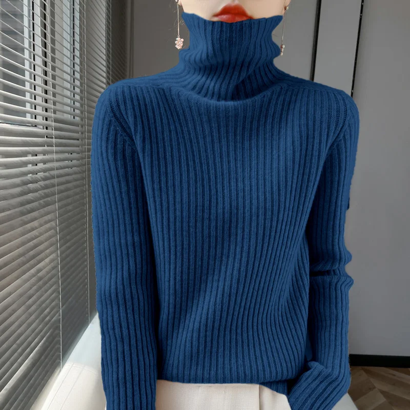 Women Autumn Winter New Wool Blend Sweater Pile Collar Vertical Stripes Pullover Bottoming Shirt Casual Warm Knitting Top