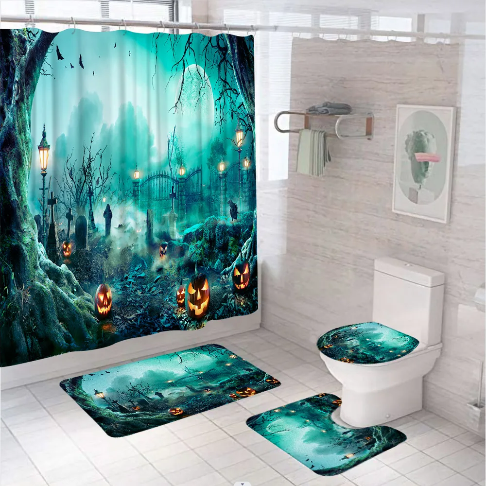 

Horror Halloween Shower Curtain Bathroom Set Scary Night Moon Haunted House Pumpkin Bath Bathtub Mat Rug Carpet Toilet Lid Cover