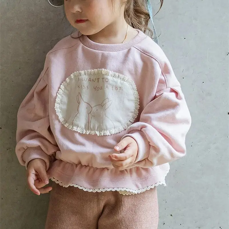 

Korean Style Cute Rabbit Patchwork Ruffle Waist Short Sweatshirt+Pant for Girls Children's Clothing Autumn 2025 Fashion Trend