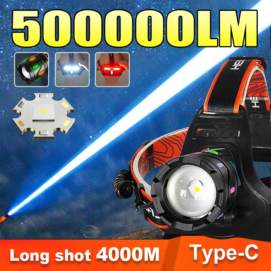 5000000LM 800W LED Ultra Powerful Headlamp Head Lantern Front Light  Rechargeable Type C Head Flashlight For Fishing Camping
